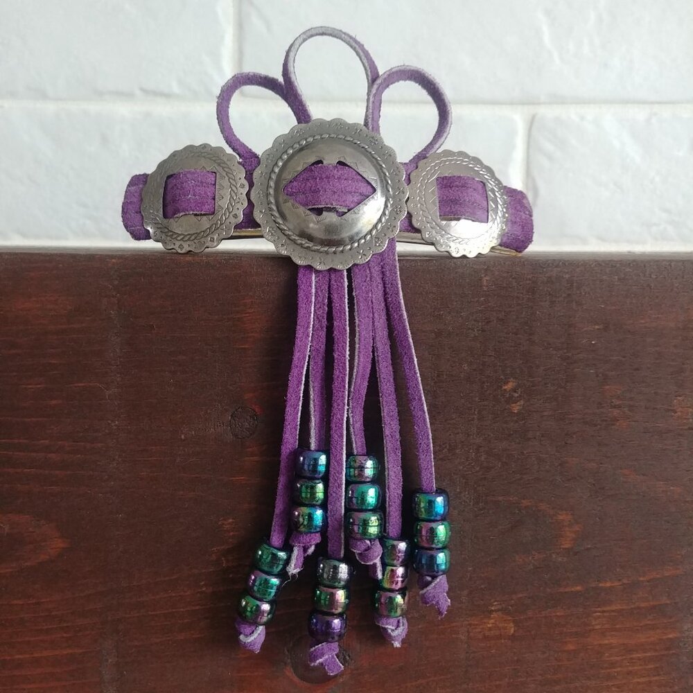 Vintage made in France purple leather silver bead hair piece clip